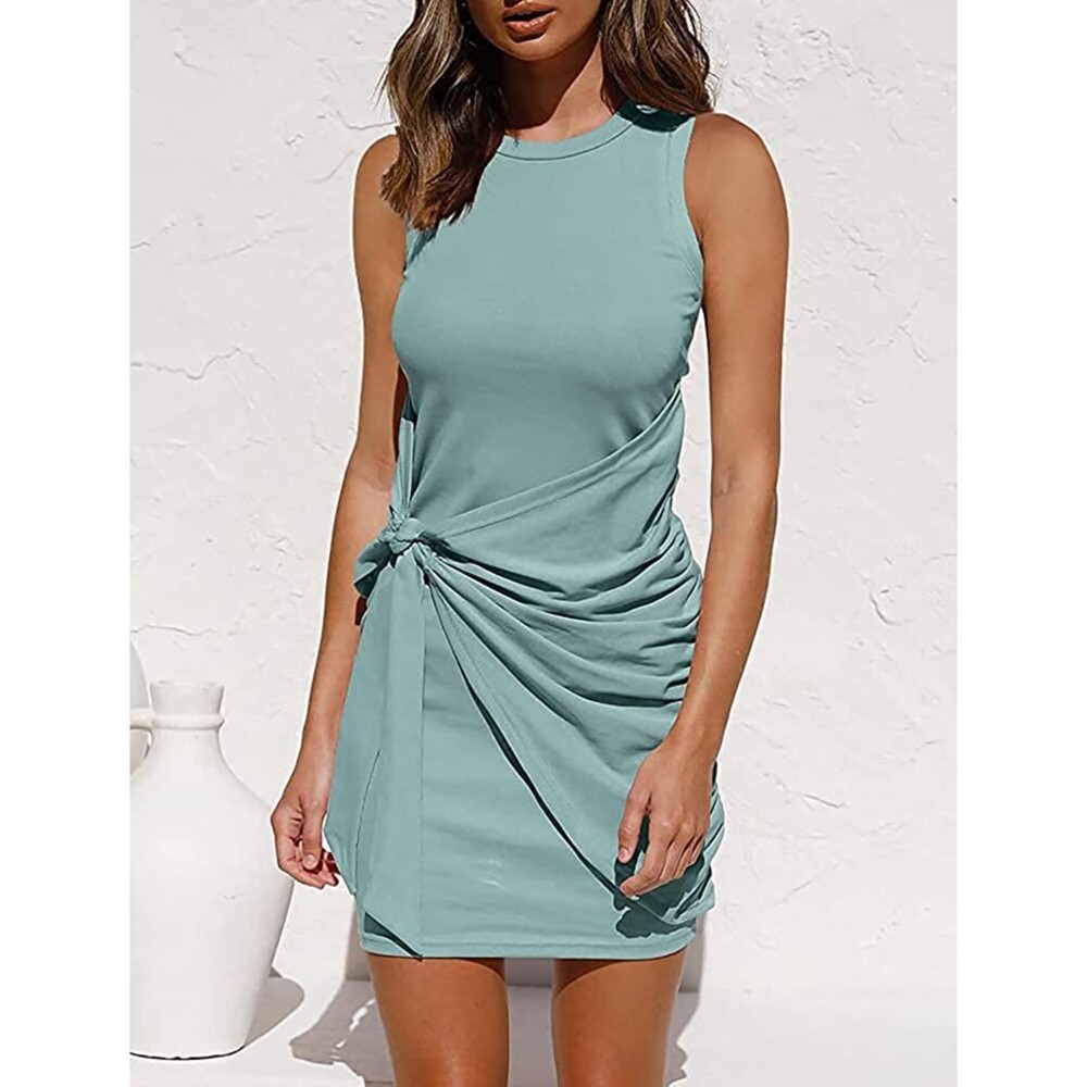Liyohon Sleeveless Ruched Tie Tank Bodycon Wrap Mini Dress Sz S